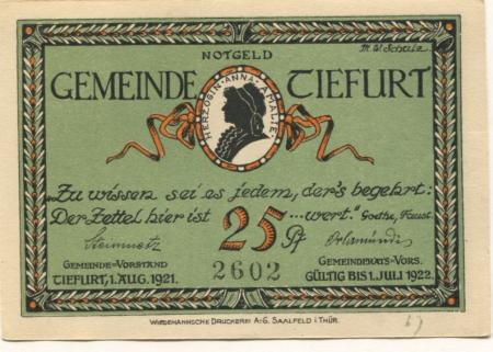 Tiefurt (heute: Weimar) - Gemeinde - 1.8.1921 - 1.7.1922 - 25 Pfennig 