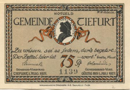 Tiefurt (heute: Weimar) - Gemeinde - 1.8.1921 - 1.7.1922 - 75 Pfennig 