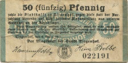 Tiegenhof (heute: PL-Nowy Dwór Gdánski) - Stadt - 6.3.1917 - 50 Pfennig 