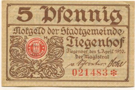Tiegenhof (heute: PL-Nowy Dwór Gdánski) - Stadt - 1.4.1920 - 5 Pfennig 