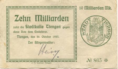 Tiengen (heute: Waldshut-Tiengen) - Stadt - 26.10.1923 - 10 Milliarden Mark 