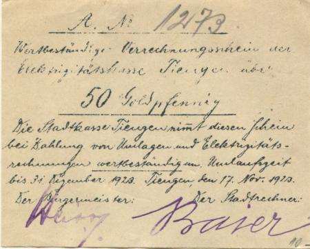 Tiengen (heute: Waldshut-Tiengen) - Elektrizitätskasse - 17.11.1923 - 31.12.1923 - 50 Gold-Pfennig 
