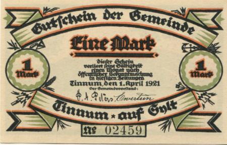 Tinnum (heute: Gemeinde Sylt) - Gemeinde - 1.4.1921 - 1 Mark 