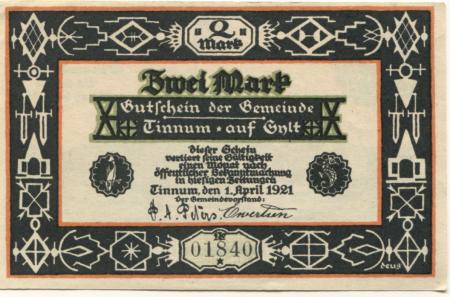 Tinnum (heute: Gemeinde Sylt) - Gemeinde - 1.4.1921 - 2 Mark 