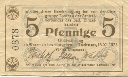 Todtnau - Zentralverband des badischen Einzelhandels, Ortsgruppe Todtnau - 15.11.1923 - 5 Gold-Pfennig 