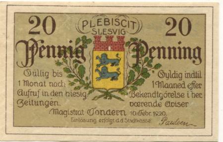 Tondern (heute: DK-Tønder) -Stadt - 10.2.1920 - 20 Pfennig 