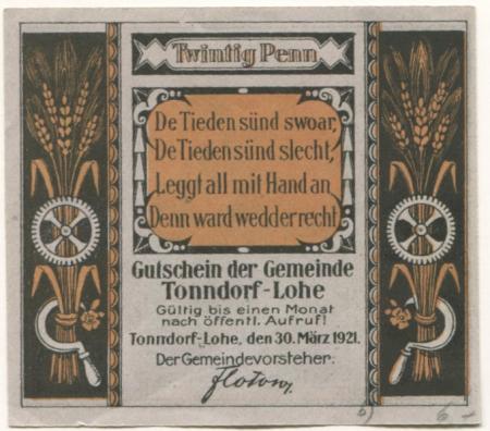 Tonndorf-Lohe (heute: Hamburg) - Gemeinde - 10.3.1921 - 20 Pfennig 