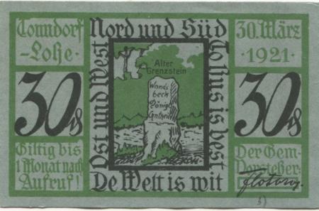 Tonndorf-Lohe (heute: Hamburg) - Gemeinde - 10.3.1921 - 30 Pfennig 