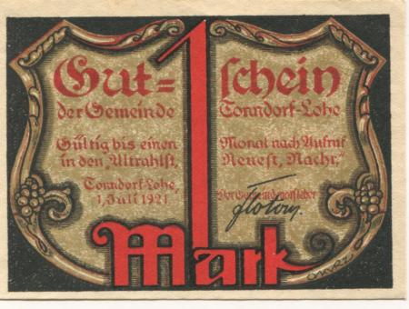 Tonndorf-Lohe (heute: Hamburg) - Gemeinde - 1.7.1921 - 1 Mark 