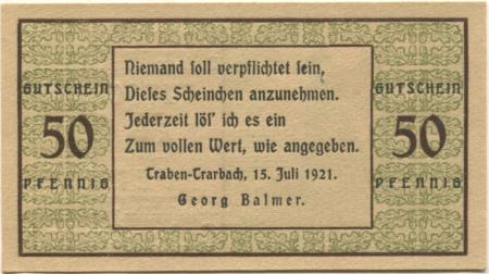 Traben-Trarbach - Balmer, Georg, Buch- und Kunsthandlung, Buchdruckerei, Buchbinderei - 15.7.1921 - 50 Pfennig 
