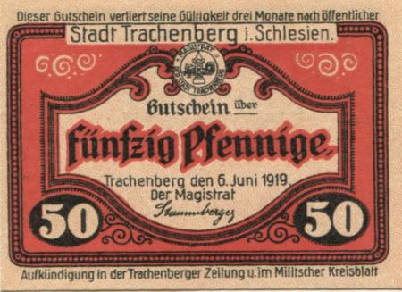 Trachenberg (heute: PL-Zmigród) - Stadt - 6.6.1919 - 50 Pfennig 