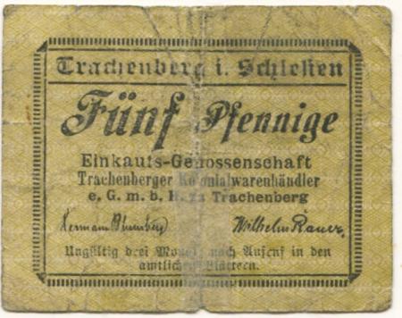 Trachenberg (heute: PL-Zmigród) - Einkaufs-Genossenschaft Trachenberger Kolonialwarenhändler eGmbH - -- - 5 Pfennig 