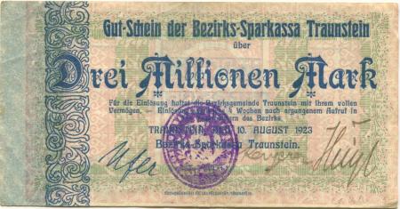 Traunstein - Bezirks-Sparkassa - 10.8.1923 - 3 Millionen Mark 