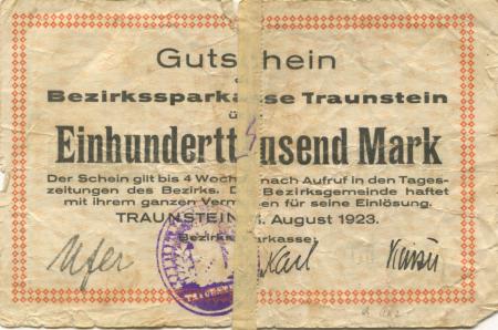 Traunstein - Bezirks-Sparkassa - 11.8.1923 - 100000 Mark 