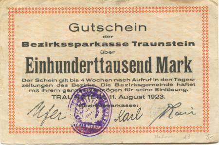 Traunstein - Bezirks-Sparkassa - 11.8.1923 - 100000 Mark 
