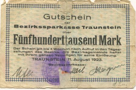 Traunstein - Bezirks-Sparkassa - 11.8.1923 - 500000 Mark 