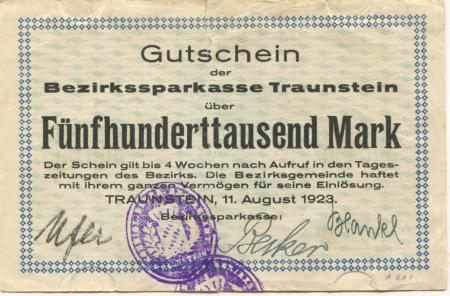 Traunstein - Bezirks-Sparkassa - 11.8.1923 - 500000 Mark 