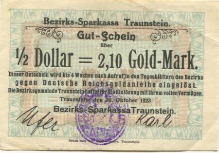 Traunstein - Bezirks-Sparkassa - 30.10.1923 - 2.10 Gold-Mark 