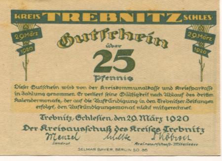 Trebnitz (heute: PL-Trzebnica) - Kreis - 20.3.1920 - 25 Pfennig 