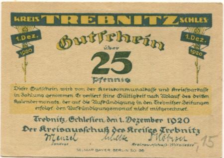 Trebnitz (heute: PL-Trzebnica) - Kreis - 1.10.1920 - 25 Pfennig 