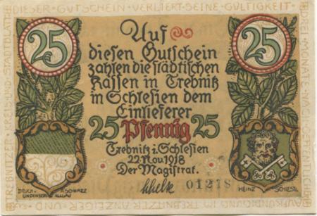 Trebnitz (heute: PL-Trzebnica) - Stadt - 22.11.1918 - 25 Pfennig 