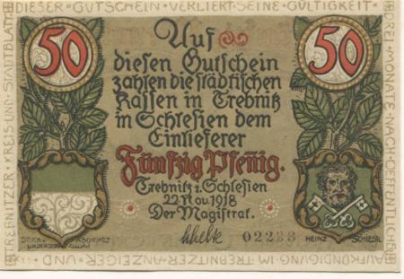 Trebnitz (heute: PL-Trzebnica) - Stadt - 22.11.1918 - 50 Pfennig 