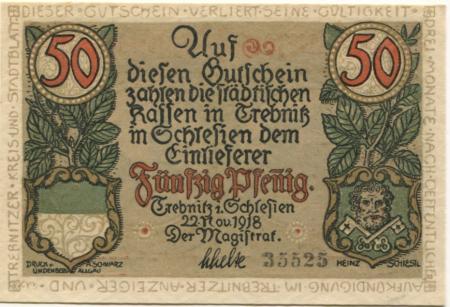 Trebnitz (heute: PL-Trzebnica) - Stadt - 22.11.1918 - 50 Pfennig 