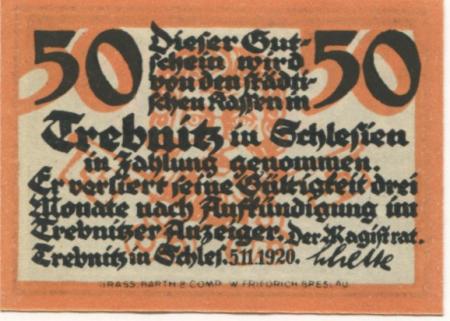 Trebnitz (heute: PL-Trzebnica) - Stadt - 5.11.1920 - 50 Pfennig 
