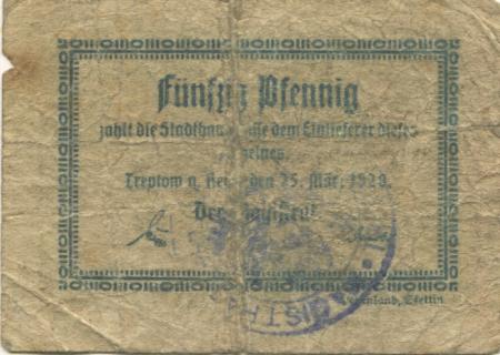 Treptow (heute: PL-Trzebiatów) - Stadt - 25.3.1920 - 50 Pfennig 