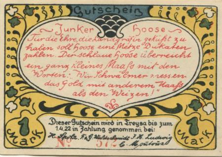 Treysa (heute: Schwalmstadt) - Spohr, H. F. & G. Waldschmidt, J. H. Ludwig, C. Moutoux - - 1.4.1922 - 1 Mark 
