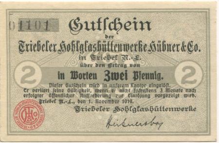 Triebel (heute: PL-Trzebiel) - Hübner & Co, Triebeler Hohlglashüttenwerke - 1.11.1919 - 2 Pfennig 