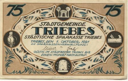 Triebes (heute: Zeulenroda) - Städtische Sparkasse - 1.10.1921 - 75 Pfennig 