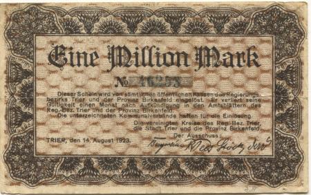 Trier - Vereinigte Kreise des Regierungsbezirks Trier, Stadt Trier und Provinz Birkenfeld - 14.8.1923 - 1 Million Mark 