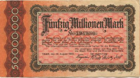 Trier - Vereinigte Kreise des Regierungsbezirks Trier, Stadt Trier und Provinz Birkenfeld - 14.8.1923 - 50 Millionen Mark 