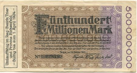 Trier - Vereinigte Kreise des Regierungsbezirks Trier, Stadt Trier und Provinz Birkenfeld - 10.10.1923 - 1.4.1924 - 500 Millionen Mark 