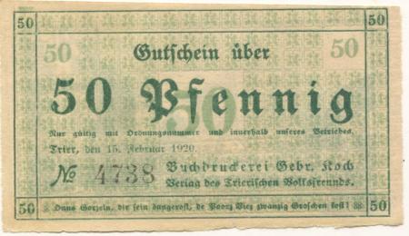 Trier - Koch, Gebrüder, Buchdruckerei, Verlag des Trierischen Volksfreunds - 13.3.1920 - 75 Pfennig 