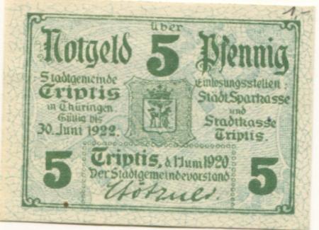 Triptis - Stadt - 1.6.1920 - 30.6.1922 - 5 Pfennig 