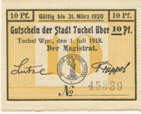 Tuchel (heute: PL-Tuchola) - Stadt - 1.7.1918 - 31.3.1920 - 10 Pfennig 