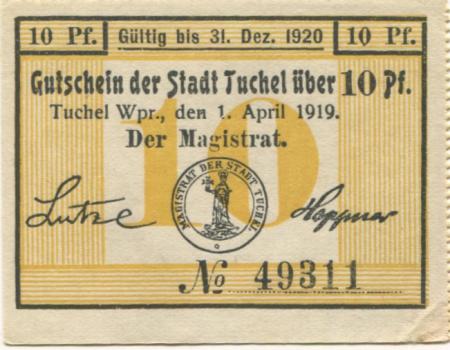 Tuchel (heute: PL-Tuchola) - Stadt - 1.4.19189- 31.12.1920 - 10 Pfennig 