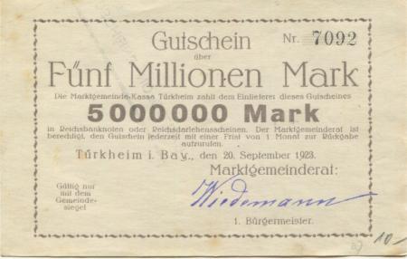 Türkheim - Marktgemeinde - 20.9.1923 - 5 Millionen Mark 
