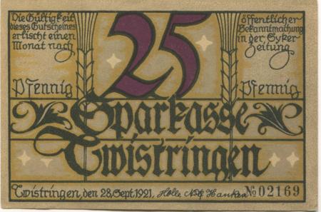 Twistrlingen - Sparkasse- - 28.9.1921 - 25 Pfennig 