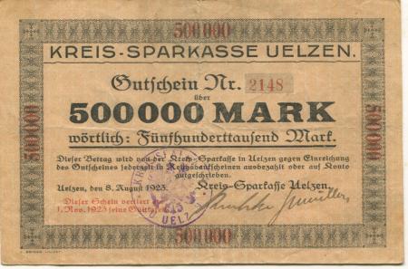 Uelzen - Kreis-Sparkasse - 8.8.1923 - 1.11.1923 - 500000 Mark 