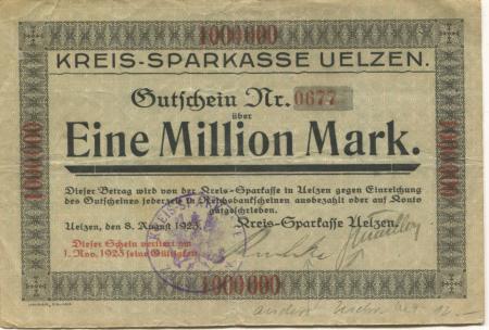 Uelzen - Kreis-Sparkasse - 8.8.1923 - 1.11.1923 - 1 Million Mark 