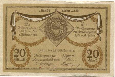 Ulm - Stadt - 22.10.1918 - 1.2.1919 - 20 Mark 