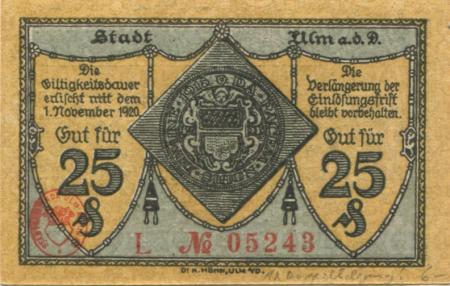 Ulm - Stadt - 22.10.1918 - 1.11.1920 - 25 Pfennig 
