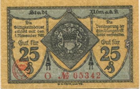 Ulm - Stadt - 22.10.1918 - 1.11.1920 - 25 Pfennig 