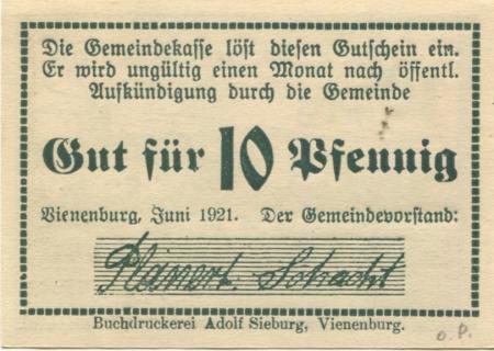 Vienenburg (heute: Goslar) - Gemeinde - Juni 1921 - 10 Pfennig 