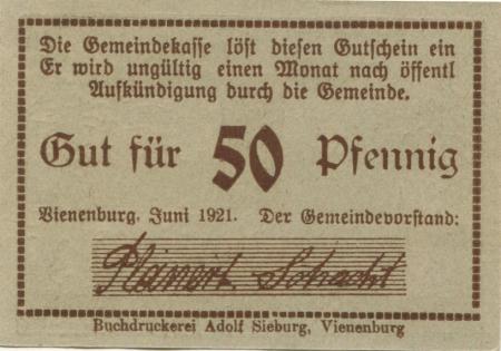 Vienenburg (heute: Goslar) - Gemeinde - Juni 1921 - 50 Pfennig 