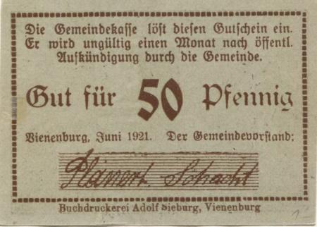 Vienenburg (heute: Goslar) - Gemeinde - Juni 1921 - 50 Pfennig 