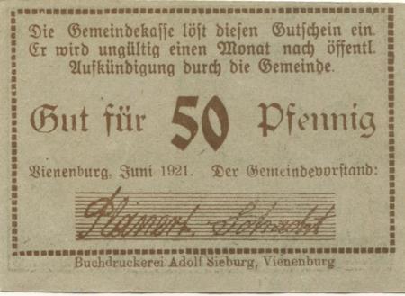 Vienenburg (heute: Goslar) - Gemeinde - Juni 1921 - 50 Pfennig 
